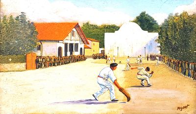 a painting of a baseball game being played on the field
