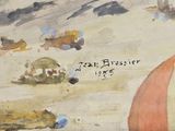 a picture of a painting of a beach with people on it