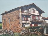un tableau représentant une maison sur une colline, avec un mur de pierre