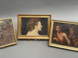 three framed paintings of a woman and a man in a garden