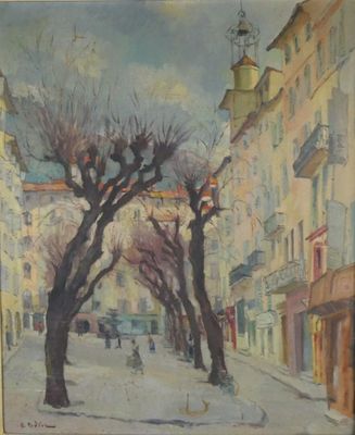 tableau représentant une rue de la ville avec deux arbres au milieu de la chaussée