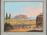 an image of a painting of a view of a town with a mountain in the background