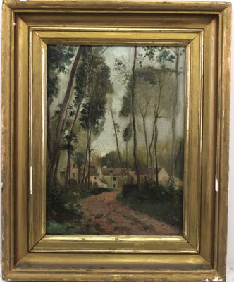 une peinture à l'huile représentant une route de campagne avec une maison au loin