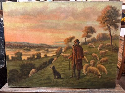un tableau représentant un homme et un chien dans un champ avec des moutons