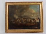 a painting of a group of men riding horses in a field