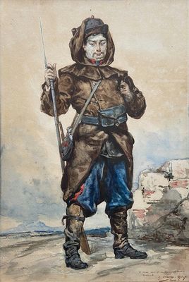 painting of a man with a gun and a hat holding a rifle