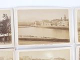 several old black and white photos of a river and a city