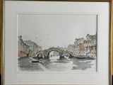 une photo d'une aquarelle représentant un pont au-dessus d'une rivière