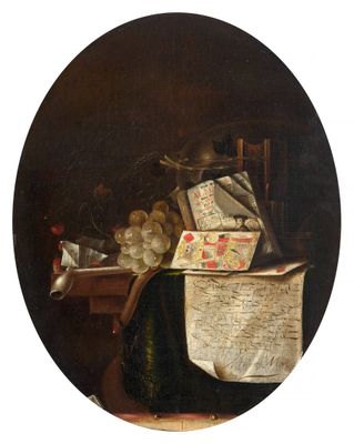 an image of a painting of a table with a bunch of papers