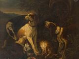 tableau représentant deux chiens et un oiseau dans un décor boisé