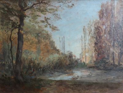 une peinture à l'huile représentant un ruisseau dans une zone boisée, avec des arbres au premier plan