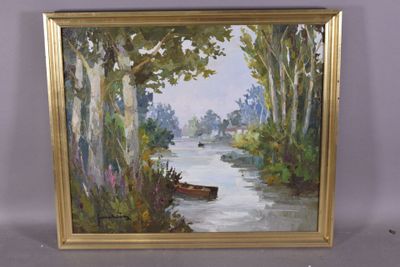 peinture à l'huile encadrée représentant un paysage fluvial avec un bateau au premier plan