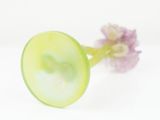 a glass vase with a flower in it on a white surface