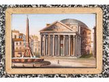 an old picture of a painting of a building with a fountain in front of it