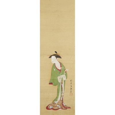 a painting of a woman in a green kimono