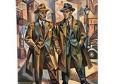 tableau représentant deux hommes en manteau et chapeau marchant dans une rue