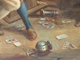 a painting of a man playing cards on the floor