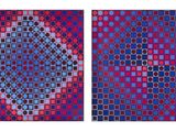two paintings of different colors and shapes on a white background