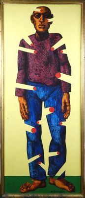tableau représentant un homme vêtu d'une chemise violette et d'un pantalon bleu orné de cœurs rouges
