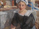 a painting of a woman sitting at a table with a plate
