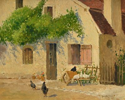 une peinture représentant un cheval et une calèche devant une maison