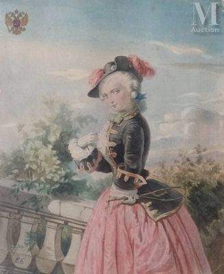 painting of a woman in a pink dress standing on a balcony