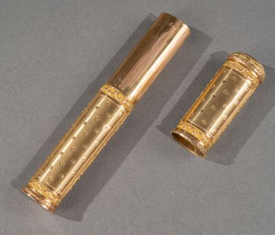 deux étuis à rouge à lèvres plaqués or posés sur une table avec un fond gris