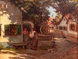 tableau représentant une scène de village avec un homme et une femme assis sur un banc