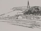 drawing of a village with a steeple in the background