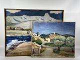 deux tableaux représentant un paysage avec des montagnes en arrière-plan et un lac au premier plan