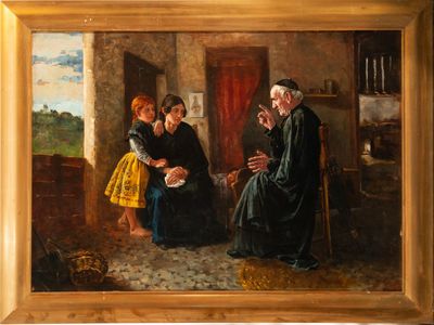 painting of three women and a man sitting in a living room