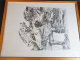 framed drawing of a black and white drawing of a man and woman