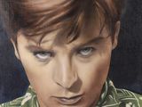 painting of a man with a green shirt and tie looking at the camera