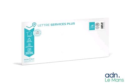 une enveloppe blanche portant un logo bleu et blanc