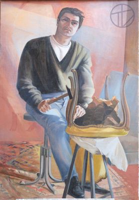 tableau représentant un homme assis sur une chaise, avec un chat sur les genoux