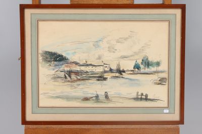 an image of a painting on a easel with a painting of boats in the water
