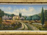 an oil painting of a country road with a house in the distance