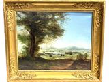 an oil painting of a landscape with a tree in the foreground