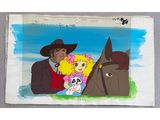 a picture of a painting of a cowboy and a girl on a horse
