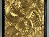a picture of a gold plated art deco with a woman on a surfboard