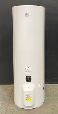 a large white water heater sitting on top of a tiled floor