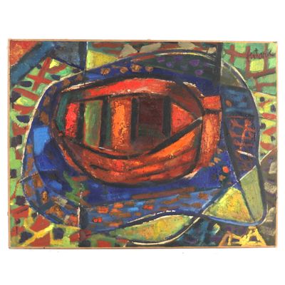 abstract painting of a red boat on a blue and green plate