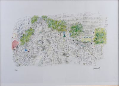 drawing of a crowd of people walking down a street with buildings in the background
