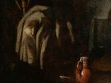 an oil painting of a man sitting in a chair next to a vase