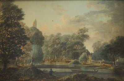 a picture of a painting of a river and a bridge