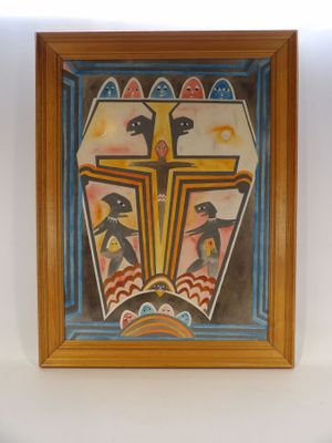 une peinture représentant une croix accrochée au mur d'une pièce