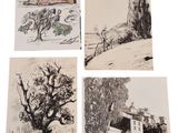 four drawings of trees and a house on a hill