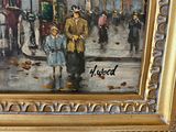 a painting of a man and a woman walking down the street