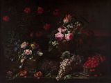 painting of a still life of flowers and fruit on a table