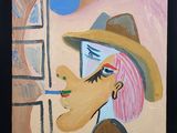un tableau représentant une femme coiffée d'un chapeau de paille en train de fumer une cigarette